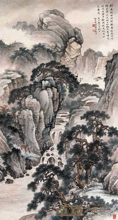 马骀 1930年作 鹿涧鹤舞 立轴 148×79cm